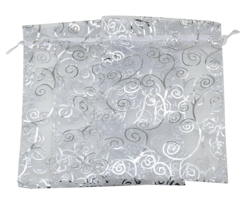SUNGULF 100pcs Organza Pouch Bag Drawstring 6"x8" Strong Gift Candy Bag Jewelry Party Wedding Favor (Silver White) - Image 2